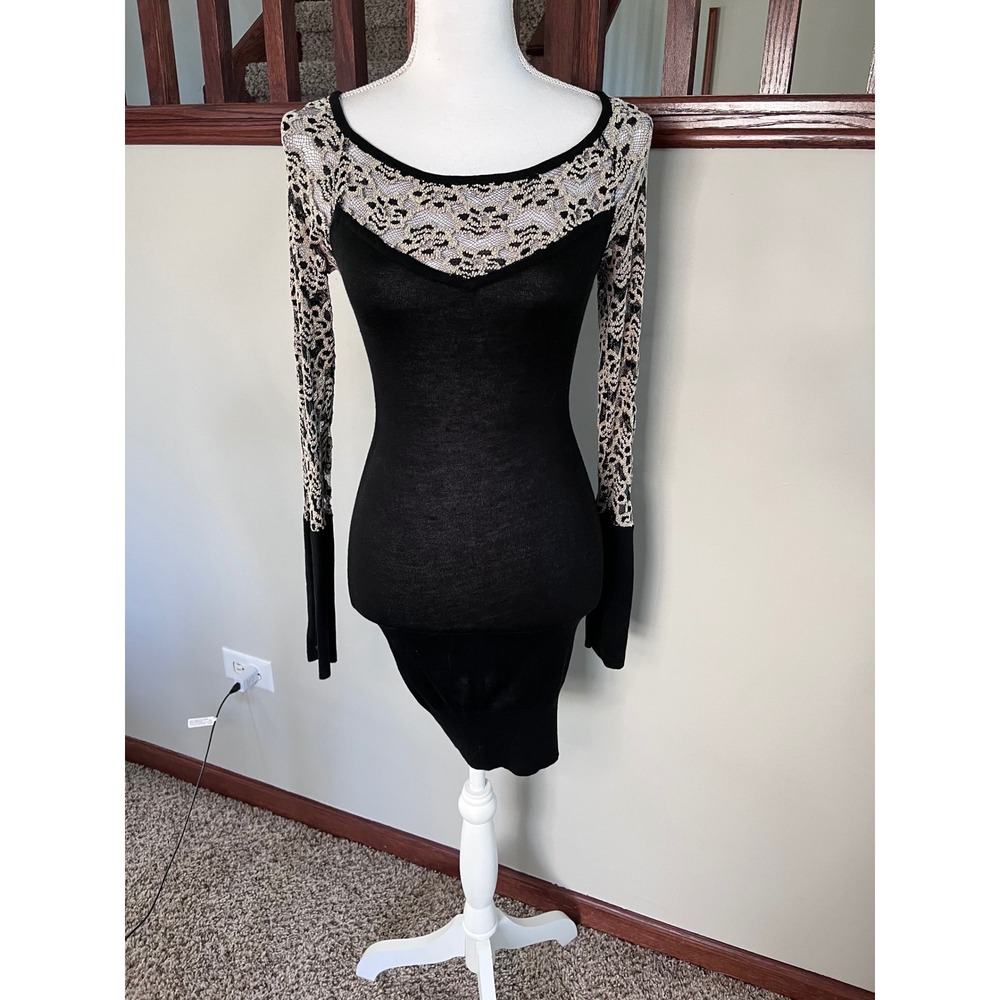 Arden B Womens Black Beige Lace Long Sleeve Bodycon Mini Dress Size S